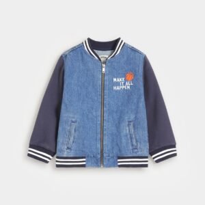 Varsity Denim Jacket With Contrast Sleeves
