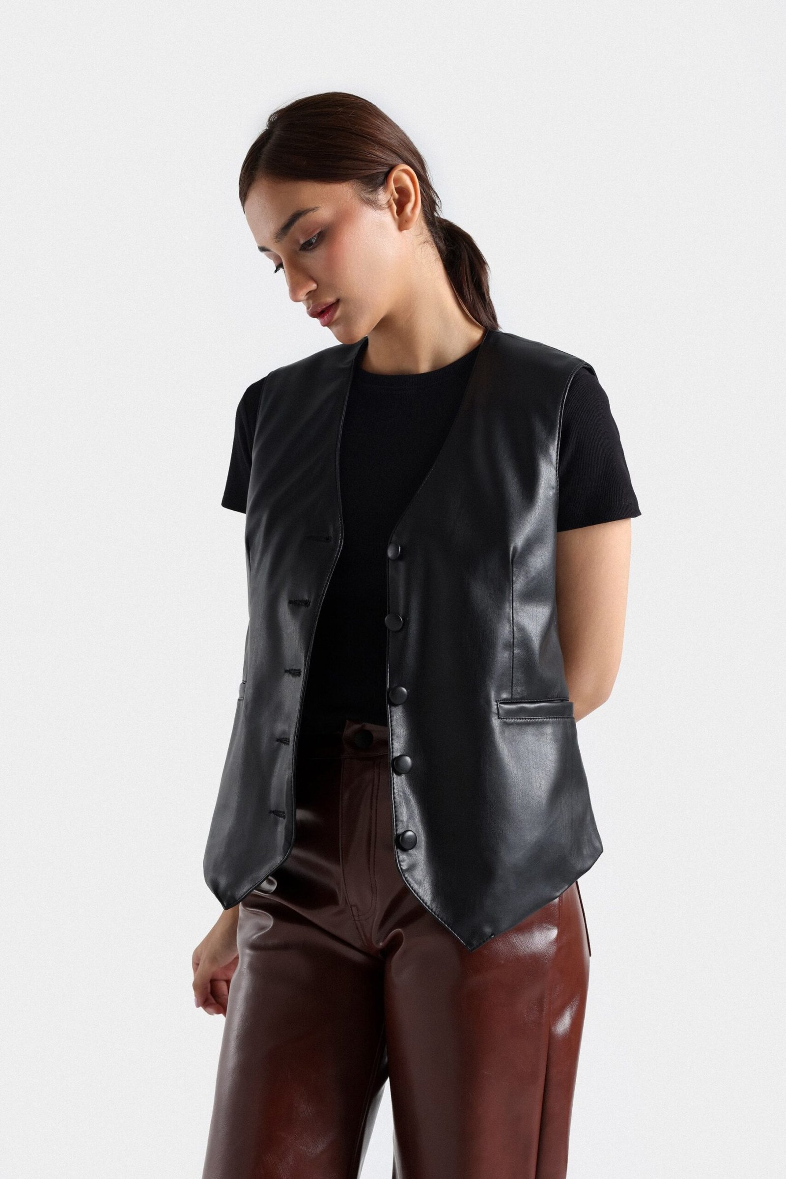 Faux Leather Cropped Waistcoat - Image 2