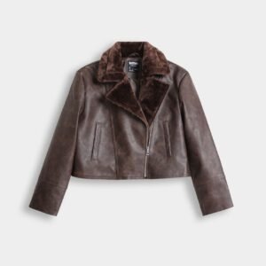 Cropped Faux Leather Jacket With Sherpa Collar