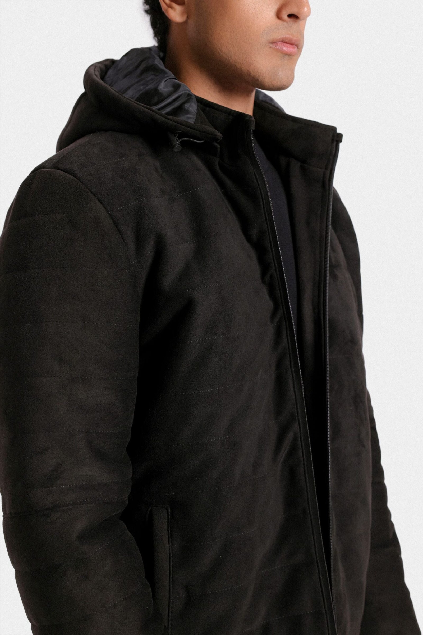 Suede Quilted Jacket With Hood - Image 2