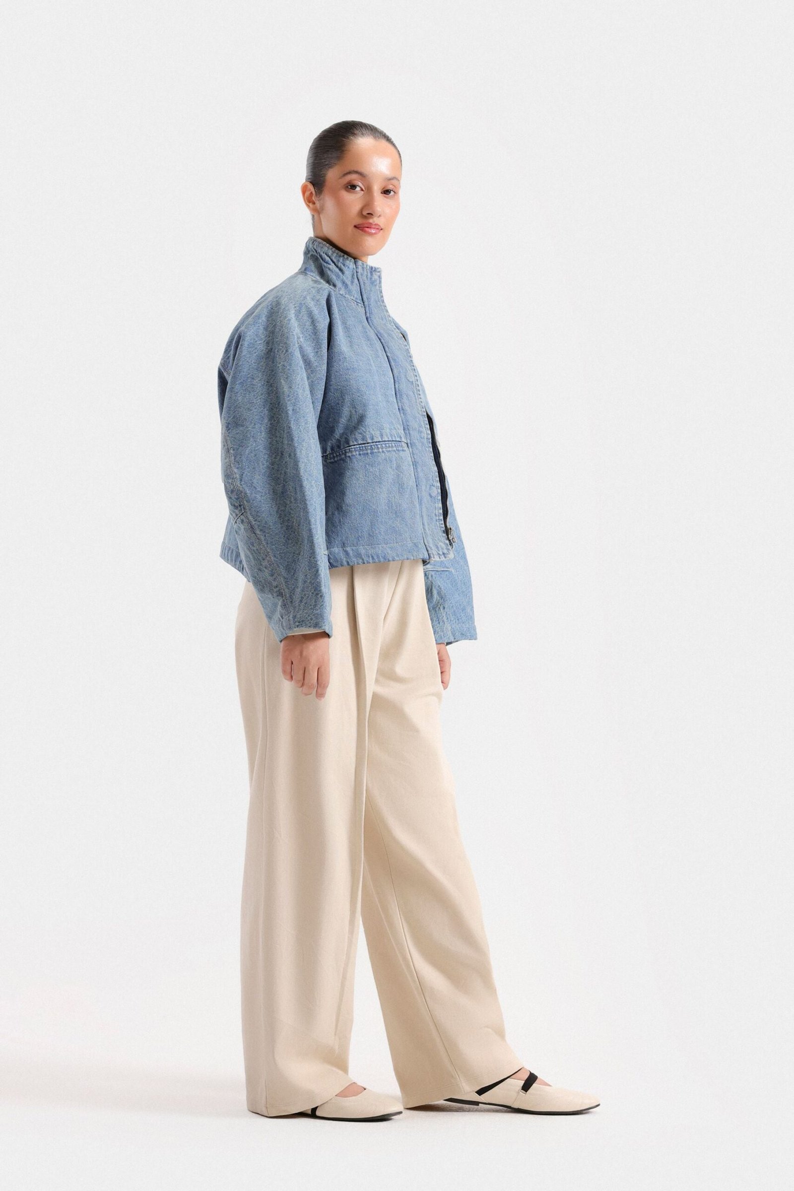 Cropped Batwing Denim Jacket - Image 3