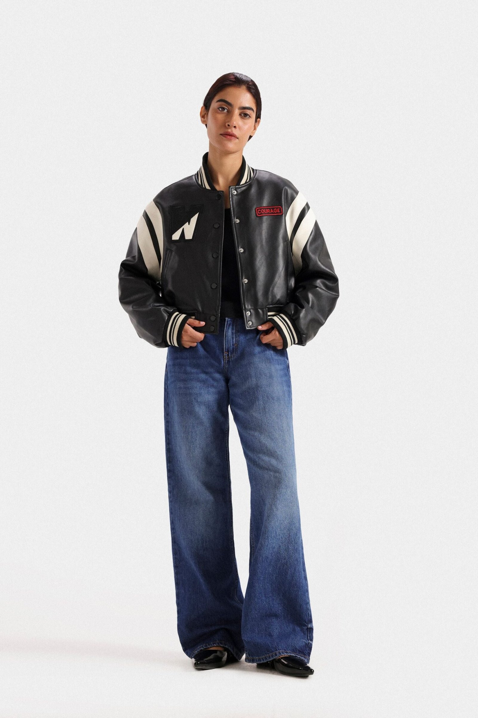 Faux Leather Varsity Jacket