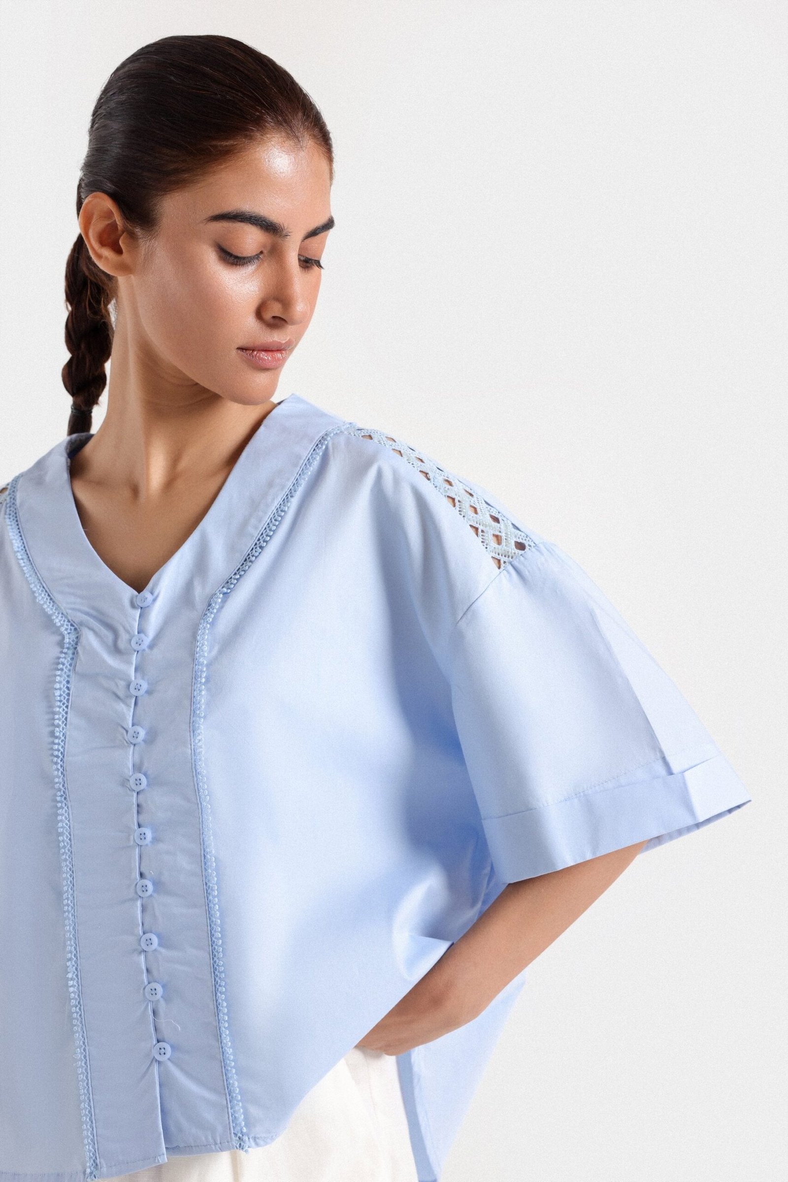 Lace Stitching Cropped Shirt - Image 2