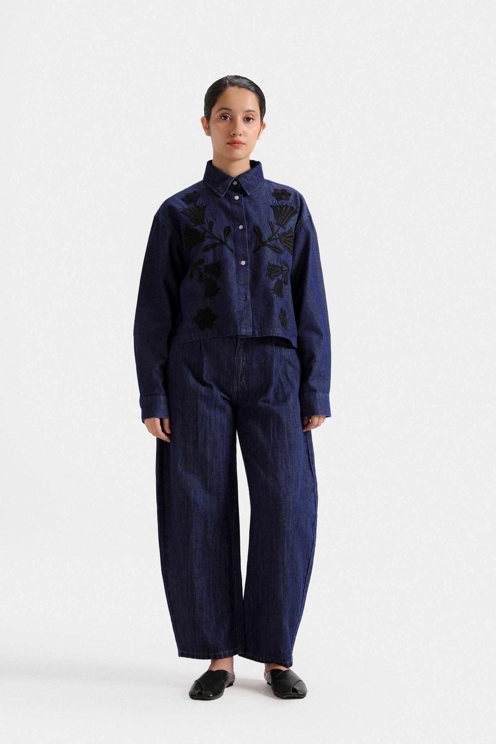 Cropped Embroidered Denim Shirt